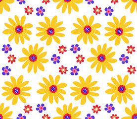 Fototapeta na wymiar Cute cartoon flowers in flat style seamless pattern. Floral childlike style mosaic background. Vector illustration. 