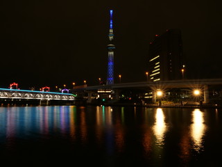 night view of the Sumida river bridge and Tokyo skytree in Asakusa