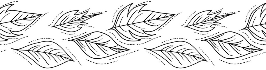 Seamless border of contoured leaves on a white background, forest ornament. Hand-painted sheet of wood. A texture with a forest motif is used as an edge, wrapping paper, textile or Wallpaper design.