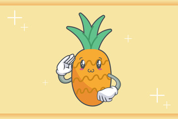 SMILING, HAPPY, UWU Face Emotion. Salute Respect Hand Gesture. Pineapple Fruit Cartoon Drawn Mascot Illustration.