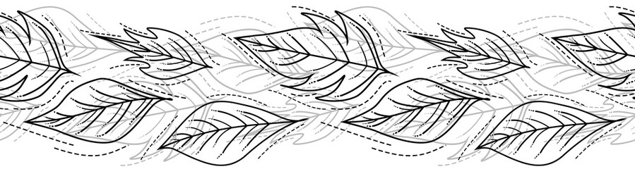 Seamless border of contoured leaves on a white background, forest decoration. Hand-painted sheet of wood. A texture with a forest motif is used as an edge, wrapping paper, textile or Wallpaper design.