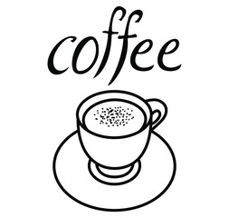 Coffee Cup and a saucer vector illustration with milk and cinnamon, coffee icon, uncolored, hand drawn lettering, coffee time, good morning tradition.