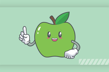 SMILING, HAPPY, cheerful Face Emotion. Forefinger Hand Gesture. Green Apple Cartoon Mascot Illustration