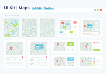 Map UI elements kit. Geography position and address. GPS location isolated vector icon, bar and dashboard template. Web design widget collection for mobile application with light theme interface - obrazy, fototapety, plakaty