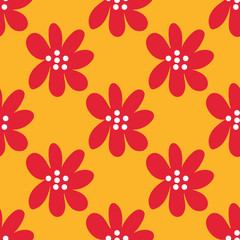Fototapeta na wymiar Cute cartoon polka dot flowers in flat style seamless pattern. Floral childlike style background. Vector illustration. 