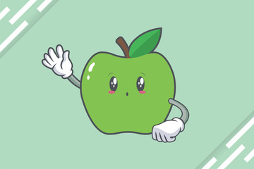 UH , OH, GASP Face Emotion. Waving Hand Gesture. Green Apple Mascot Illustration.