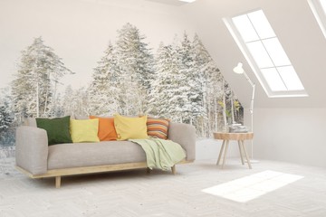 White living room with sofa and decorated wall. Scandinavian interior design. 3D illustration © AntonSh