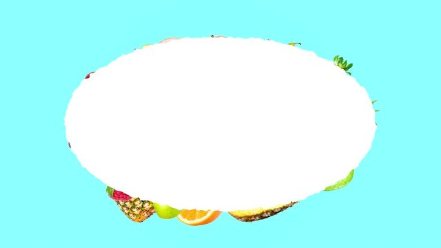 Creative 4k stop motion animation of many different fruits flying from the center and slowing down around a beautiful oval frame with space for text and flying fast. Fruit explosion on a blue.