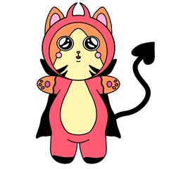 Cat draw in black thick outline in a devil costume