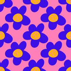 Cute cartoon polka dot flowers in flat style seamless pattern. Floral childlike style background. Vector illustration.    
