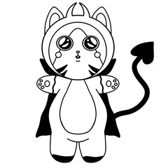 cat drawn in black thick outline in a devil costume