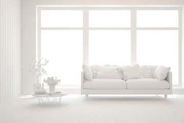 White minimalist living room with sofa. Scandinavian interior design. 3D illustration