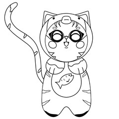 cat drawn in black thick outline with a fish on the tummy