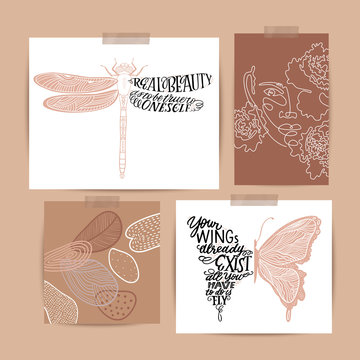 Modern posters set. Dragonfly with hand lettered quote. Stylish graceful elegant one line portrait. Elegant abstract art. Butterfly with lettering. Fashion illustrations.Hand drawn vector trendy set.