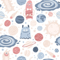 Cosmic seamless pattern with cute aliens between planets, stars and galaxies. Vector hand-drawn childish illustration in simple Scandinavian style. Pastel Palette.