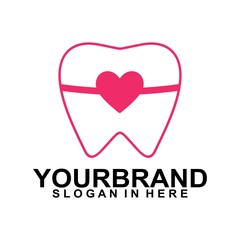 Dental logo creative design. Dentist logo with love. Love braces treatment. Health dent logo design flat line style.