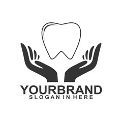 Dental logo creative design. Dentist logo with hand. Dental clinic company logo design. Dental care design flat style.