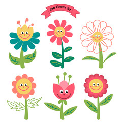 Cute cartoon flowers in childlike flat style isolated on white background. Vector illustration.  