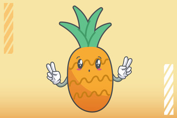 UH , OH, GASP Face Emotion. Double Peace Hand Gesture. Pineapple Fruit Cartoon Drawn Mascot Illustration.