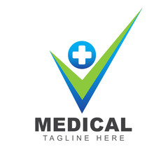 Fototapeta premium Medical pharmacy logo design template with cross plus sign and human shape illustration. Symbol of health care and medicine service center concept. Vector can use for branding identity doctor office