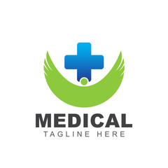 Medical pharmacy logo design template with cross plus sign and human shape illustration. Symbol of health care and medicine service center concept. Vector can use for branding identity doctor office
