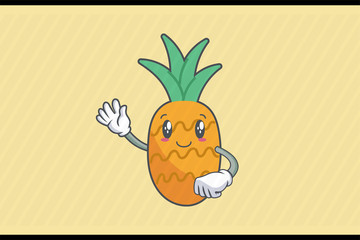 SLIGHTLY SMILE FACE, SLIGHTLY, SMILING Face Emotion. Waving Hand Gesture. Pineapple Fruit Cartoon Drawn Mascot Illustration.