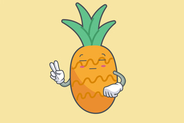 ZONK, MEDITATIVE, UNAMUSED Face Emotion. Peace Hand Gesture. Pineapple Fruit Cartoon Drawn Mascot Illustration.