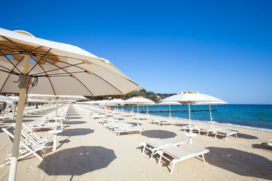 Beach and Italian Tyrrhenian coast with a multitude seamsless of beach umbrellas, deckchairs for vacationers. Trees and nature in the background.