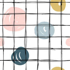 Hand drawn textile seamless pattern. Black grid with colorful dots drawn as children sketch. Perfect for wallpaper or fabric.