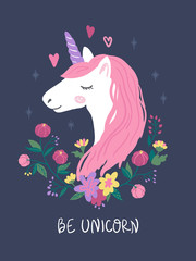 Unicorn head with pink hair and flowers. Cute illustration for children. Can be used for kids t-shirt design, celebration card, greeting card, invitation card, poster, nersery wallpaper or other decor