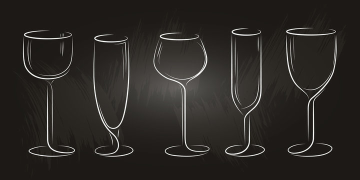 Set of stylized glasses on a chalkboard background. Isolated sketch cocktails
