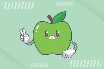 ANGRY, MAD, BAD MOOD Face Emotion. Peace Hand Gesture. Green Apple Cartoon Mascot Illustration