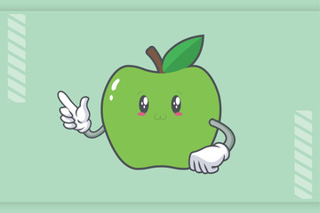 SMILING, HAPPY, UWU Face Emotion. Forefinger Hand Gesture. Green Apple Cartoon Mascot Illustration