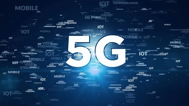 5G mobile phone communication, iot, wireless technology loop seamless rendered 3d animation. Concept keywords with recycling symbol.