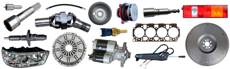 Car spare parts on a white background. A set for advertising assembled auto parts. New parts for vehicle repair isolated on white.