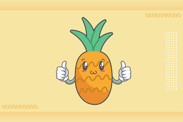 SMILING, HAPPY, UWU Face Emotion. Double Thumb Up Hand Gesture. Pineapple Fruit Cartoon Drawn Mascot Illustration.