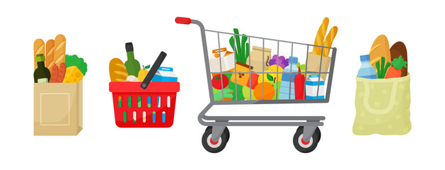 Grocery purchase set. Paper package, shopping basket and trolley, textile bag with products. Foods and drinks, vegetables and fruits. Vector illustration