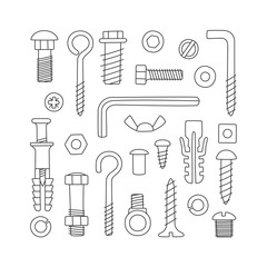 Set of fasteners. Bolts, screws, nuts, dowels and rivets in doodle style. Hand drawn building material. Vector illustration on white background