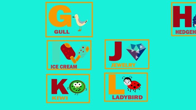 educaional flash cards animation alphabet from g to l, funny cartoon characters