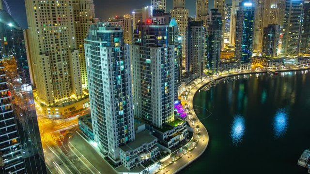 4K time lapse aerial view of Dubai marina at night