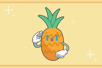 CRYING, SAD, SOB, CRY Face Emotion. Salute Respect Hand Gesture. Pineapple Fruit Cartoon Drawn Mascot Illustration.