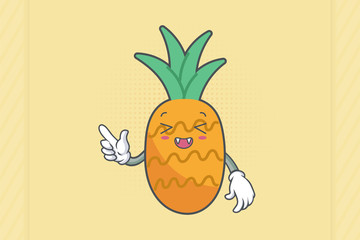 LAUGHING, HAPPY, FUN, cheerful Face Emotion. forefinger pointed at Hand Gesture. Pineapple Fruit Cartoon Drawn Mascot Illustration.