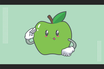 DUMB, FUNNY, TONGUE, cheerful Face Emotion. Salute Hand Gesture. Green Apple Cartoon Mascot Illustration