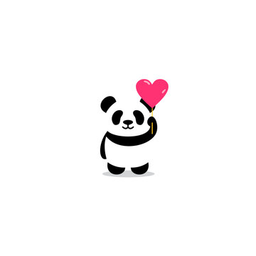 Cute panda with heart balloon cartoon icon, vector illustration