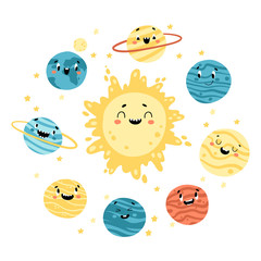Solar system. The sun and planets. Cute Space childish illustration with funny faces. Vector cartoon hand-drawn characters.