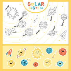 Fototapeta premium Solar system. Educational childish game with stickers. The sun and planets in sequence. Space childish illustration with funny faces. Vector cartoon hand-drawn characters.