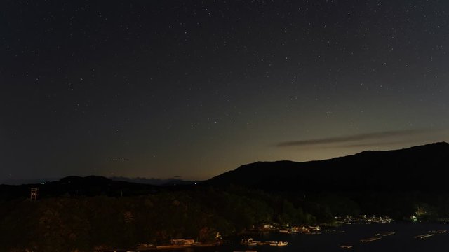 Timelapse of star night sky light with mountain view, planes and lights.