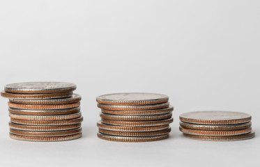 Coins stacked isolated White background money, financial, business growth concept