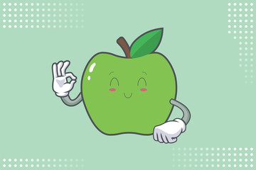 SMILING, HAPPY, RELIEVED Face Emotion. Ok, Nice, Good Hand Gesture. Green Apple Cartoon Mascot Illustration.
