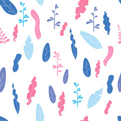 Botanical seamless tropical pattern with  lilac and blue leaves on a light background. Modern abstract design for fabric, paper, interior decor. Beautiful seamless vector flowers